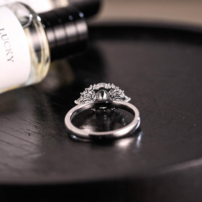 Solid Gold Side Cluster Oval Cut Moissanite Engagement Ring, High Profile Wedding Ring