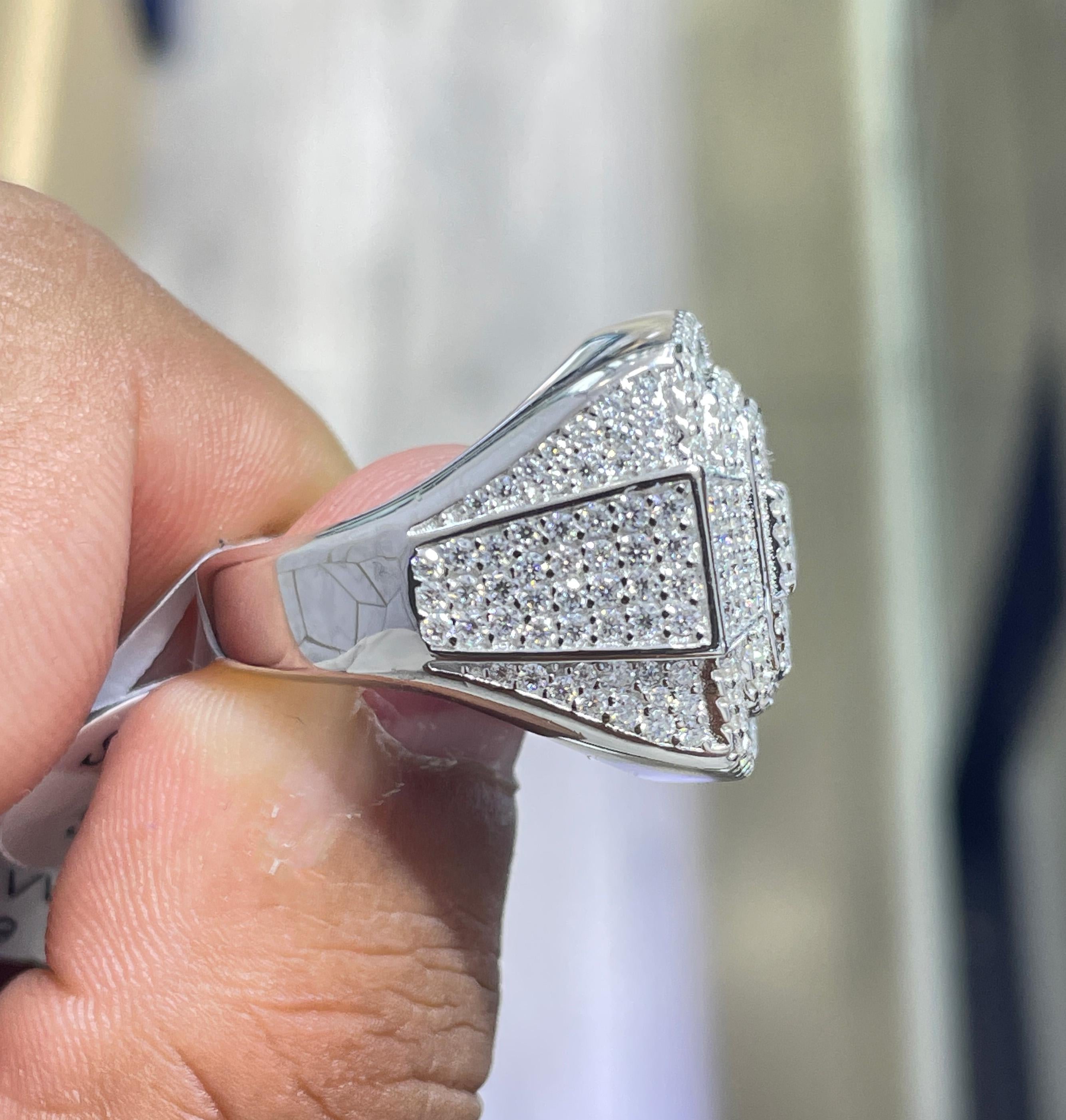 Iced Out Moissanite Square Pinky Ring: Solid Sterling Silver, 5.62 Carat Round Moissanite Ring