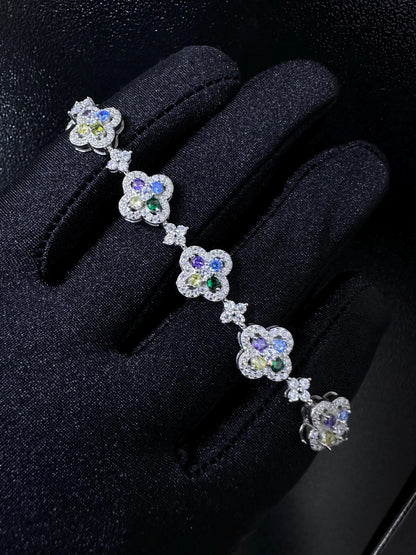 Moissanite Clover Bracelet: Multi-Color Diamond, S925 Sterling Silver, 5.83CTW