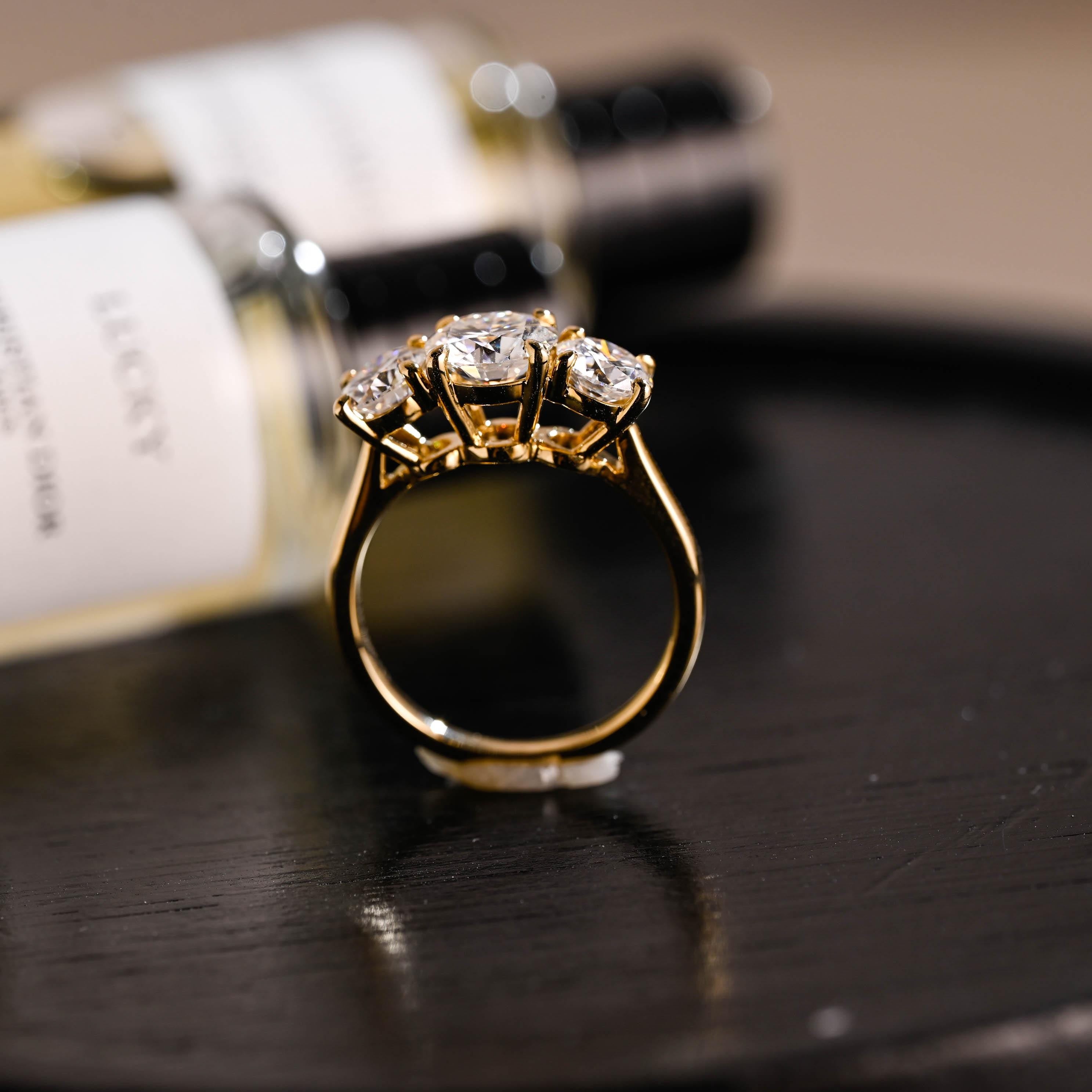 Solid Gold Three Stone Round Cut Moissanite Engagement Ring, Commitment Ring, Anniversary Gift for Women Wife