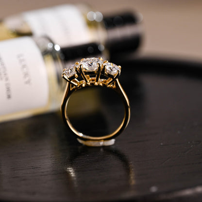 Solid Gold Three Stone Round Cut Moissanite Engagement Ring, Commitment Ring, Anniversary Gift for Women Wife