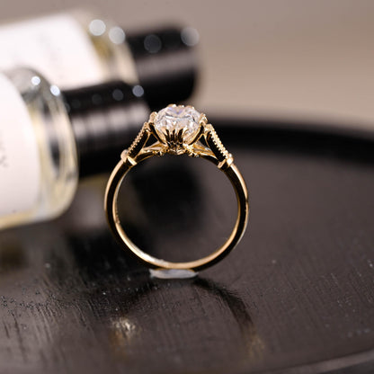 Solid Gold Filigree Elongated Beaded Milgrain Cushion Cut Moissanite Engagement Ring, Anniversary Ring