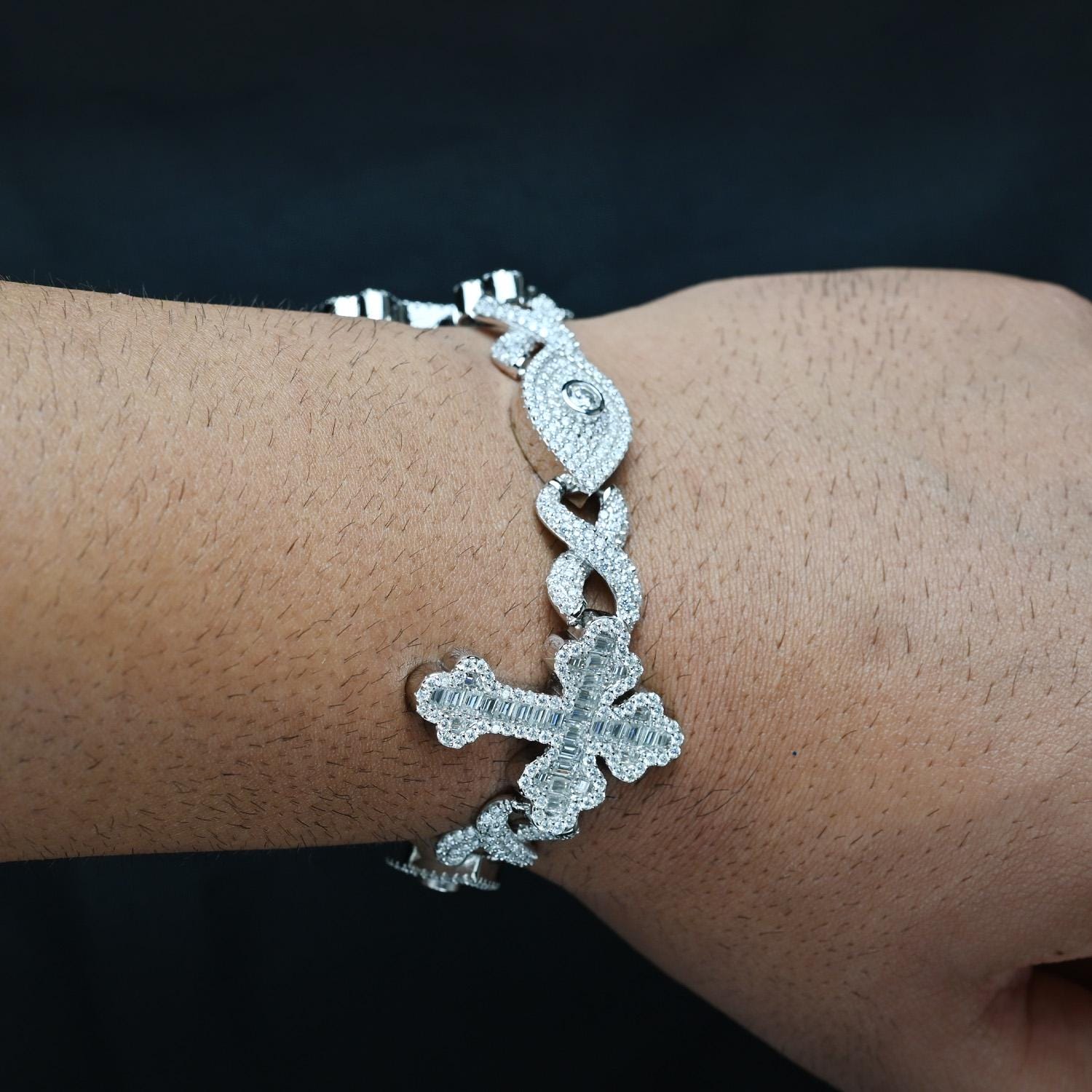 Moissanite Infinity Cross Evil Eye Bracelet: 925 Sterling Silver, 16 Carats