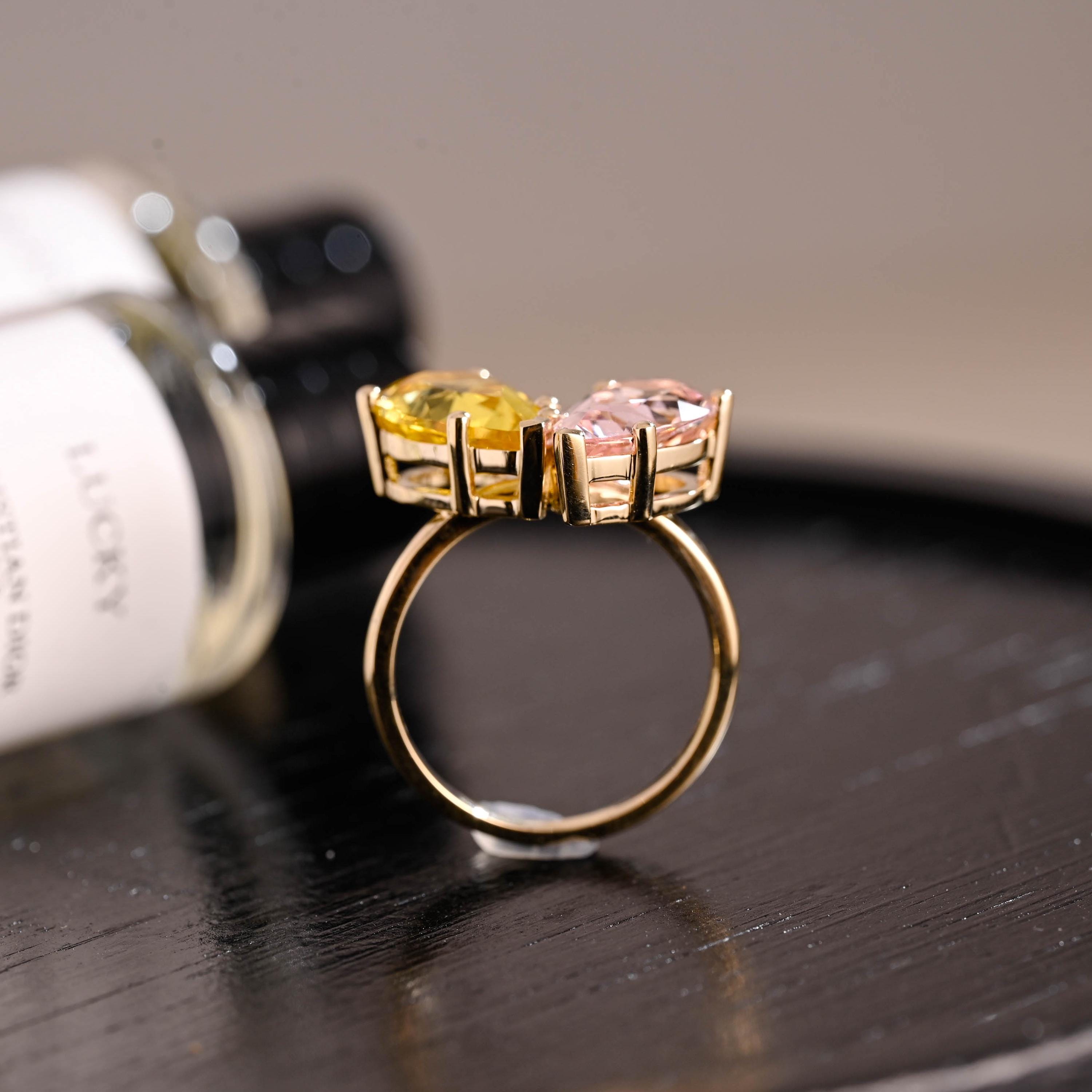 Lab Grown Yellow & Pink Sapphire Toi et Moi Wedding Ring, Solid Gold Two Stone Engagement Ring