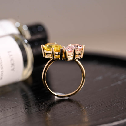 Lab Grown Yellow & Pink Sapphire Toi et Moi Wedding Ring, Solid Gold Two Stone Engagement Ring