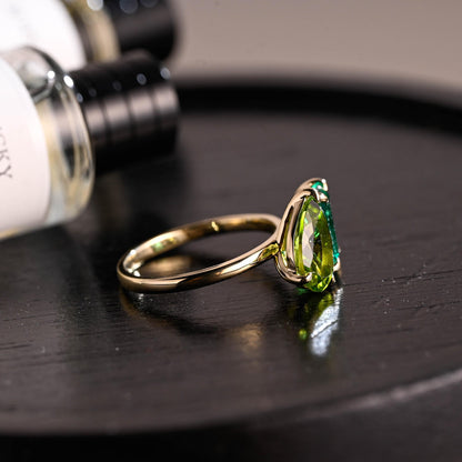Solid Gold Toi et Moi Ring, Pear Cut Peridot & Lab Grown Emerald Engagement Ring
