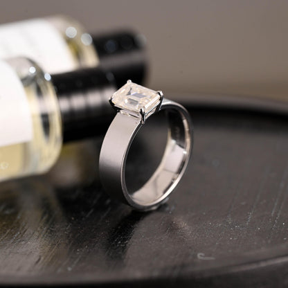 Solid Gold 5mm Matte Finish Solitaire Emerald Cut Moissanite Engagement Ring, Proposal Ring, Promise Ring, Wedding Ring, Gift for Women Wife