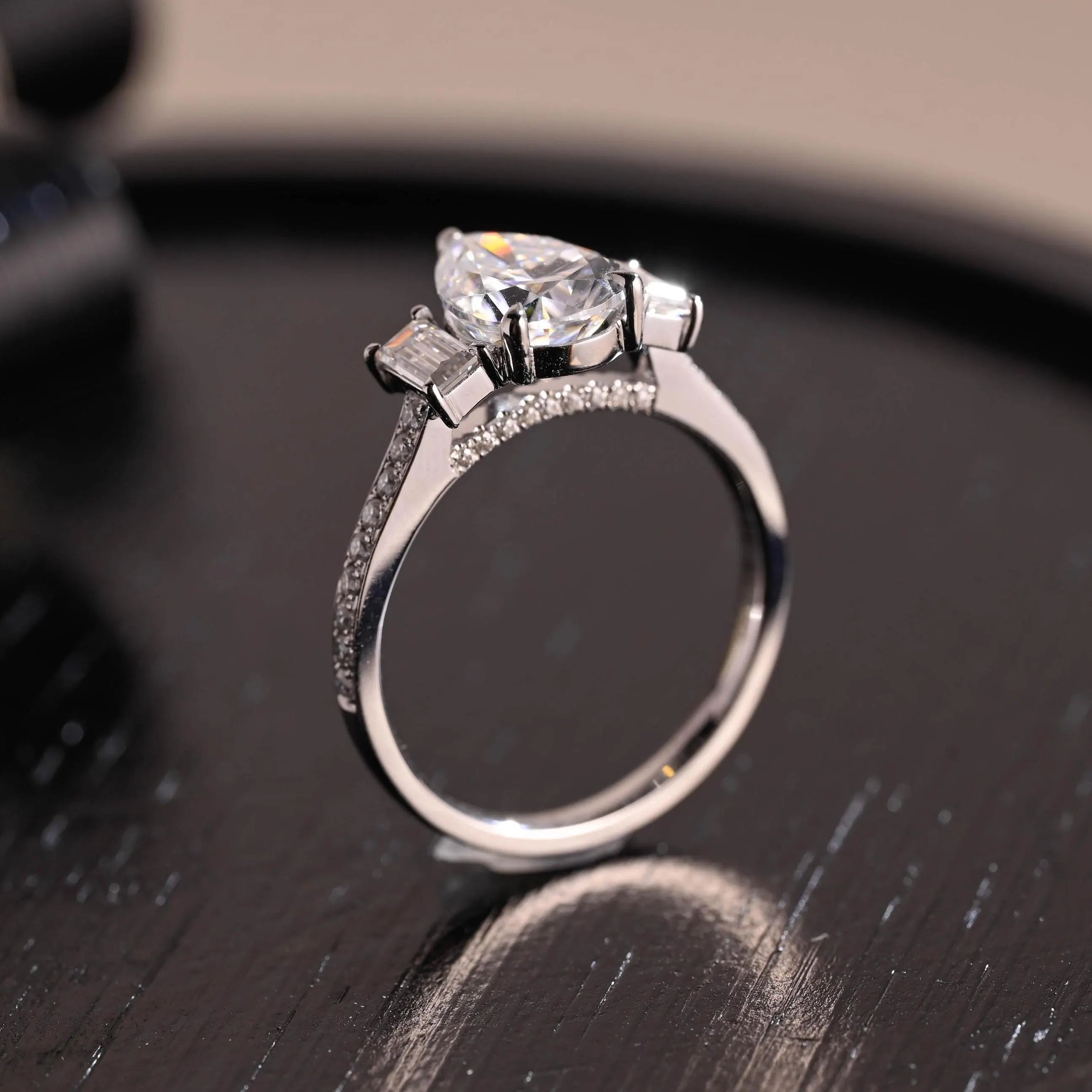 Three Stone Pear Cut Moissanite Engagement Ring, Bridge Setting Solid Gold Pave Moissanite Wedding Ring
