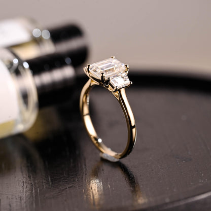 Solid Gold Three Stone Emerald Cut Moissanite Engagement Ring, Anniversary Ring, Moissanite Rings