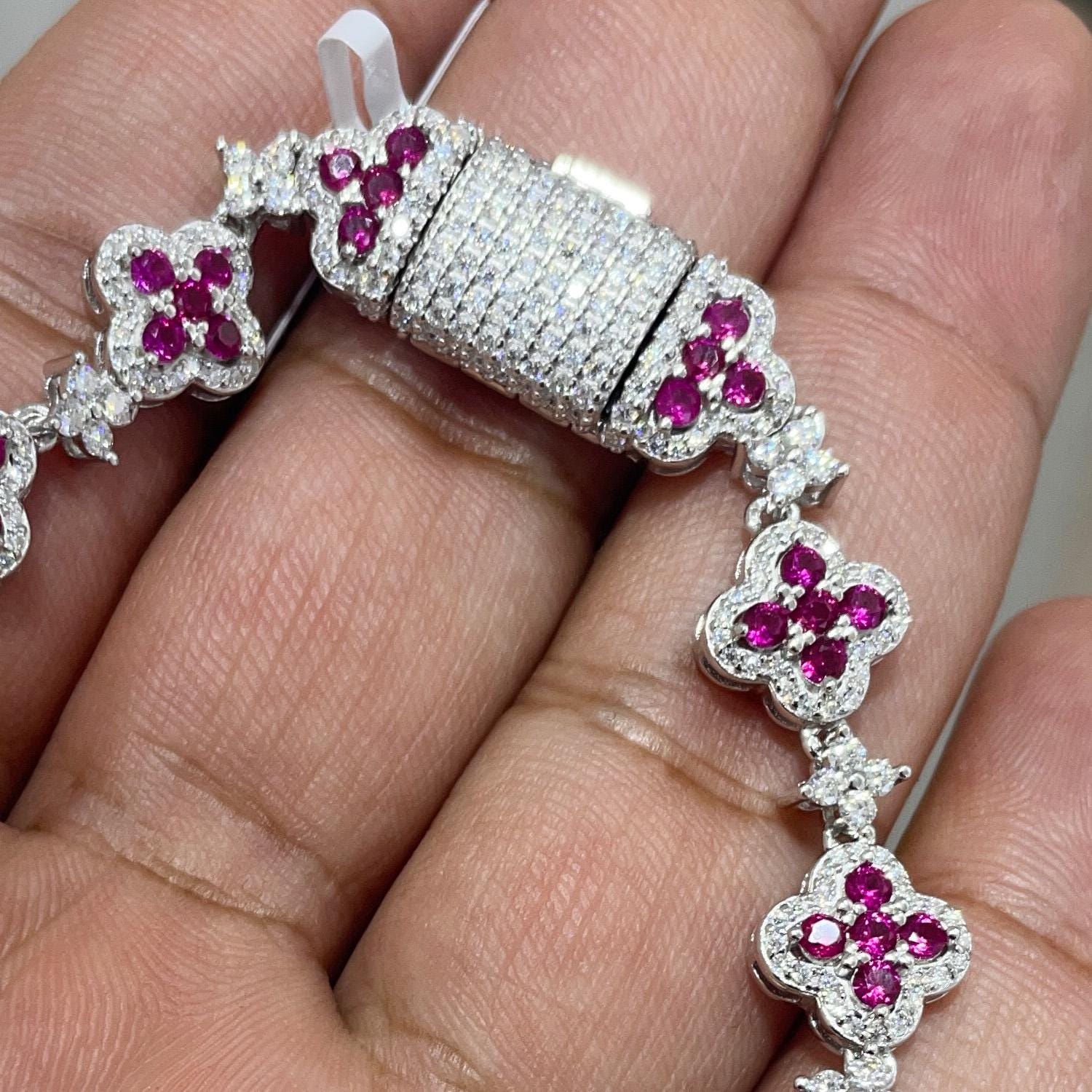 Clover Bracelet VVS Moissanite 925 Sterling Silver Passes Diamond Tester | Pink Accents