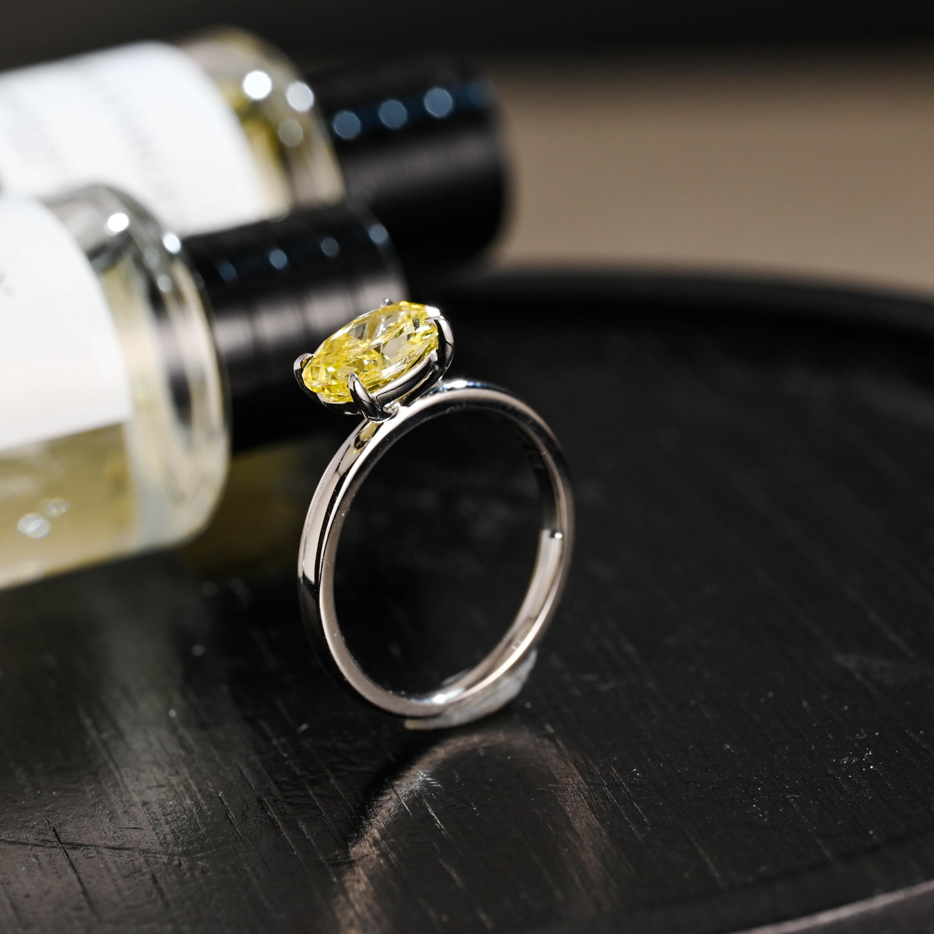 Solid Gold Oval Cut Solitaire Yellow Moissanite Engagement Ring, Gift for Women