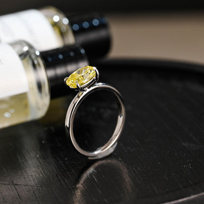 Solid Gold Oval Cut Solitaire Yellow Moissanite Engagement Ring, Gift for Women