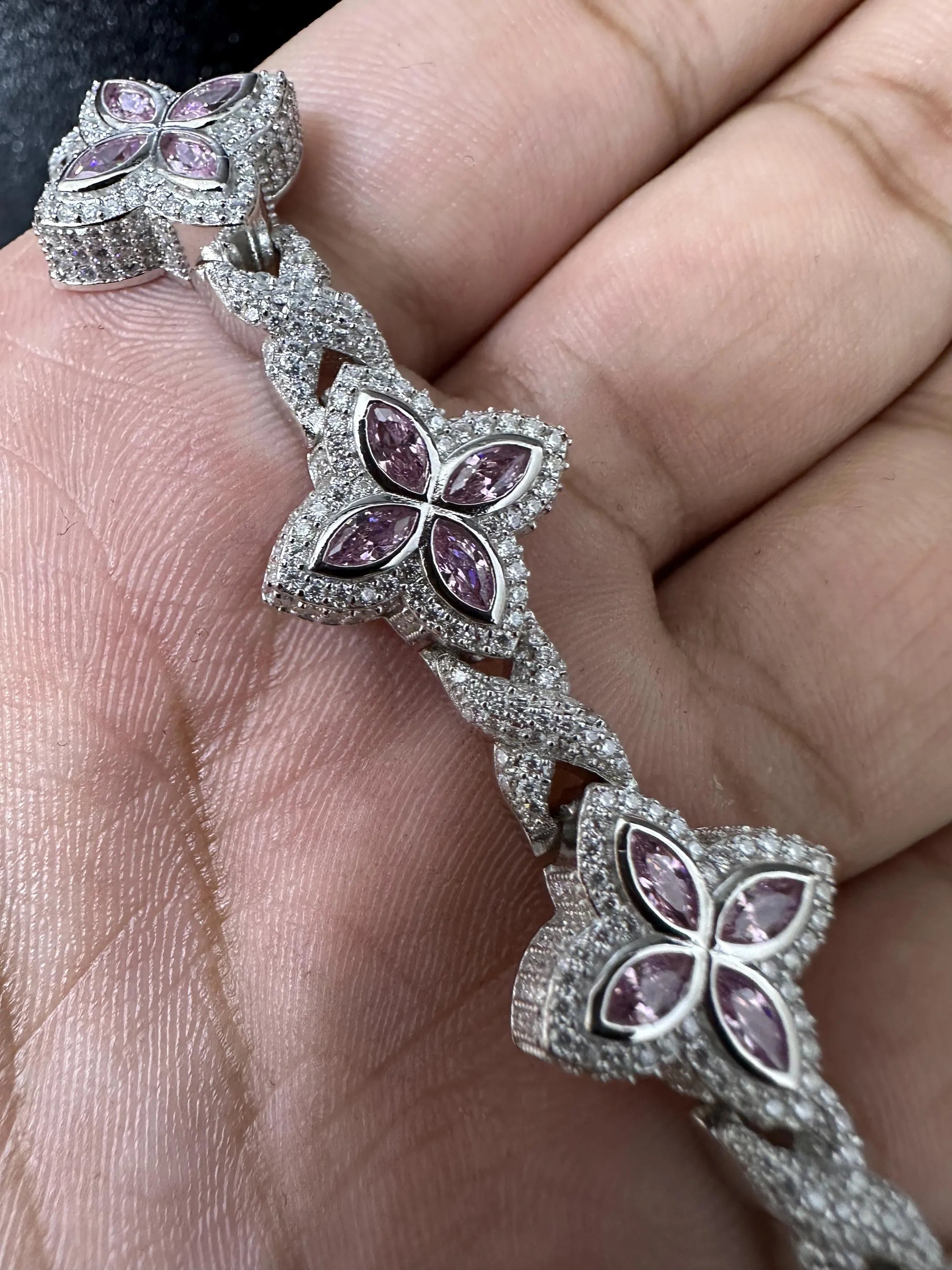 Iced Out Clover Bracelet: 925 Sterling Silver, Pink Sapphire Moissanite