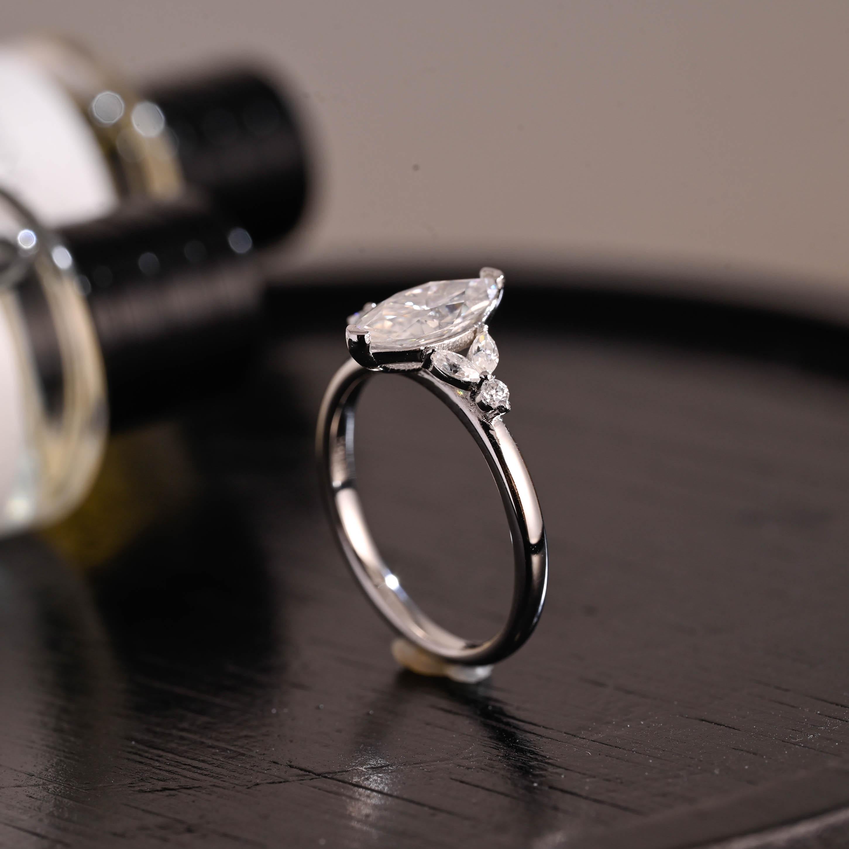 Solid Gold Marquise Moissanite Engagement Ring, Anniversary Gift