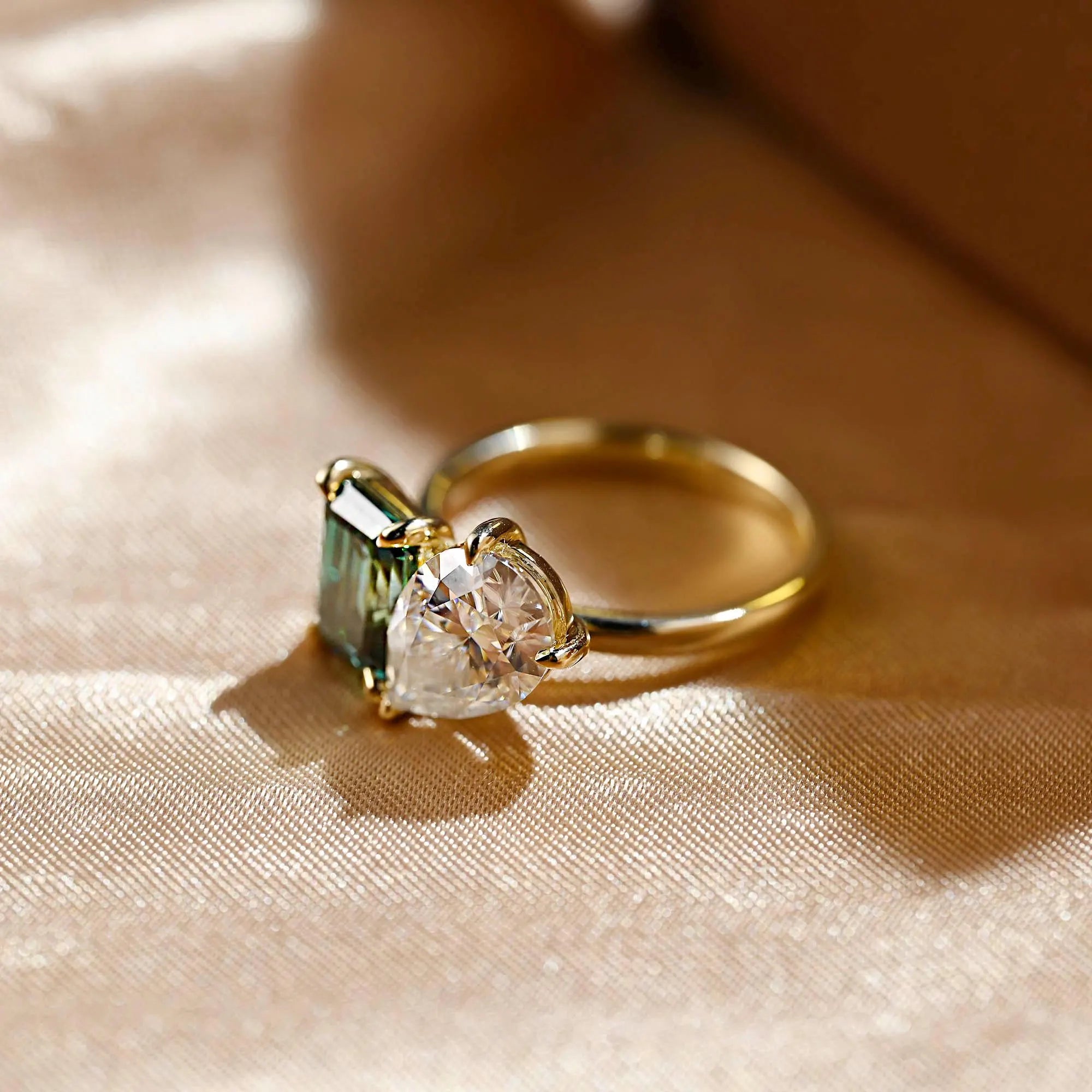 Solid Gold Pear Cut Toi et Moi Moissanite Engagement Ring, Green Moissanite Two Stone Ring