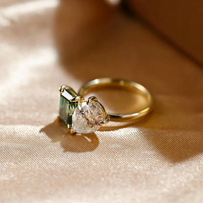 Solid Gold Pear Cut Toi et Moi Moissanite Engagement Ring, Green Moissanite Two Stone Ring