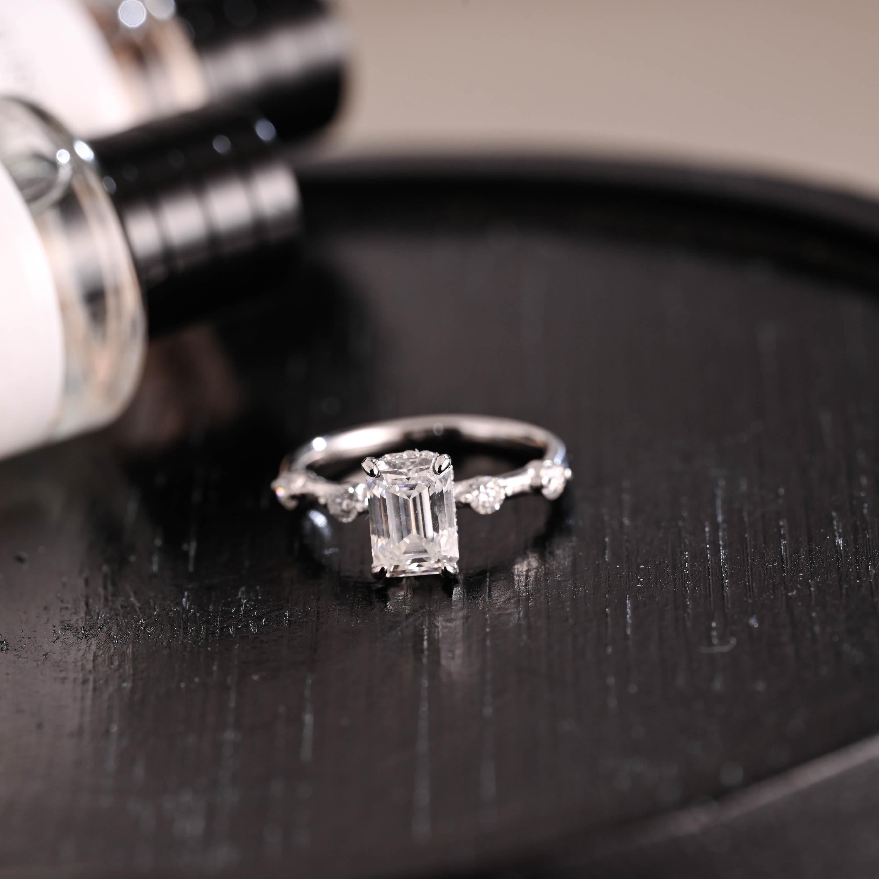 Solid Gold Hidden Halo Emerald Cut Moissanite Engagement Ring, Proposal Ring, Promise Ring, Wedding Ring, Anniversary Gift for Women Wife
