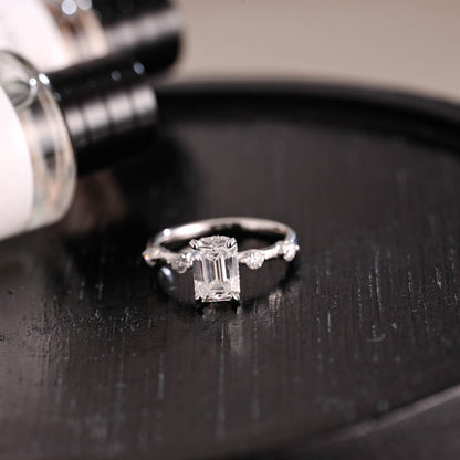 Solid Gold Hidden Halo Emerald Cut Moissanite Engagement Ring, Proposal Ring, Promise Ring, Wedding Ring, Anniversary Gift for Women Wife