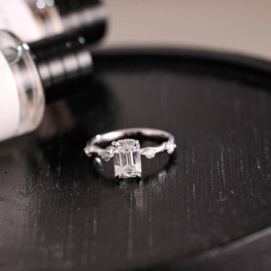 Solid Gold Hidden Halo Emerald Cut Moissanite Engagement Ring, Proposal Ring, Promise Ring, Wedding Ring, Anniversary Gift for Women Wife