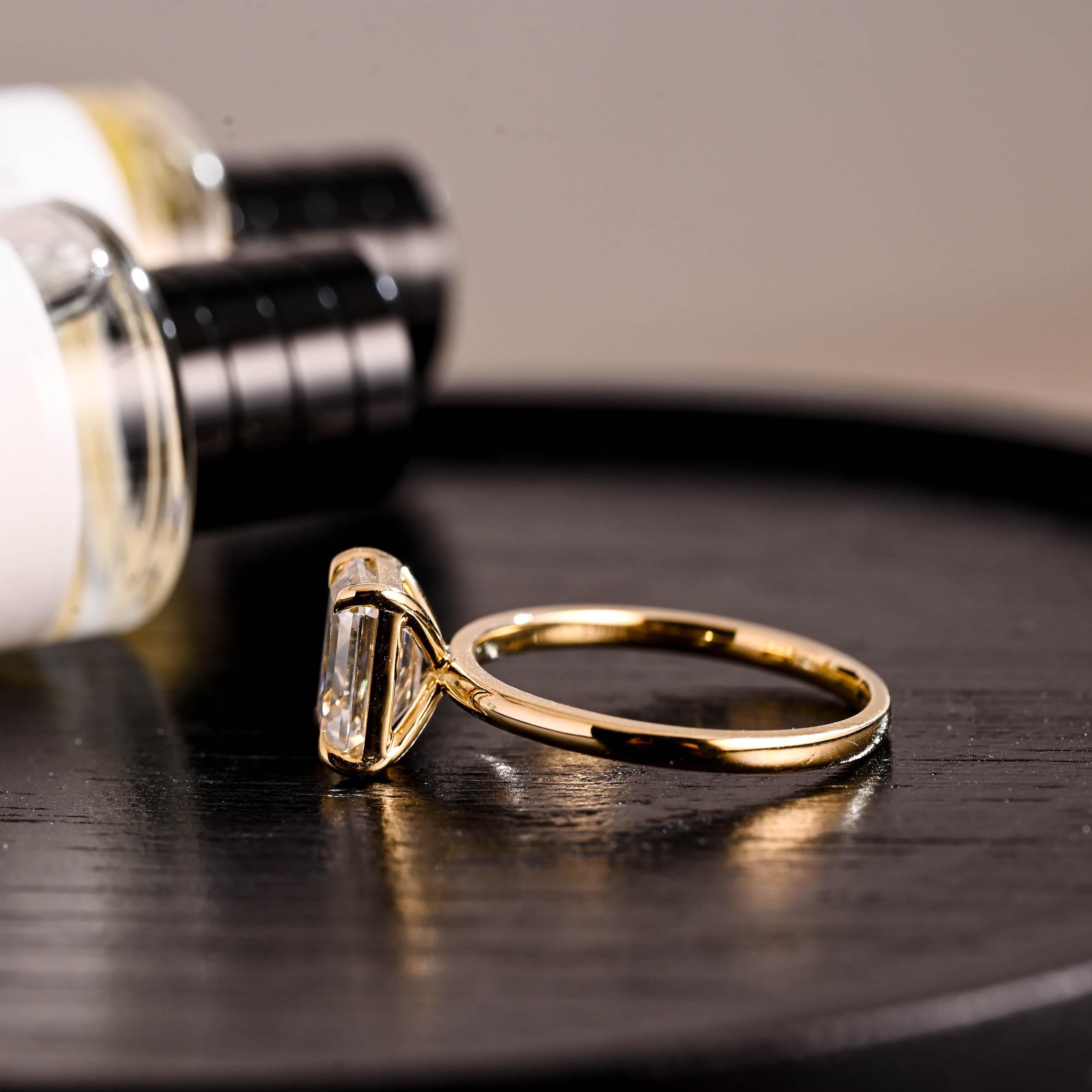 Solid Gold Solitaire Emerald Cut Moissanite Engagement Ring, Moissanite Promise Ring