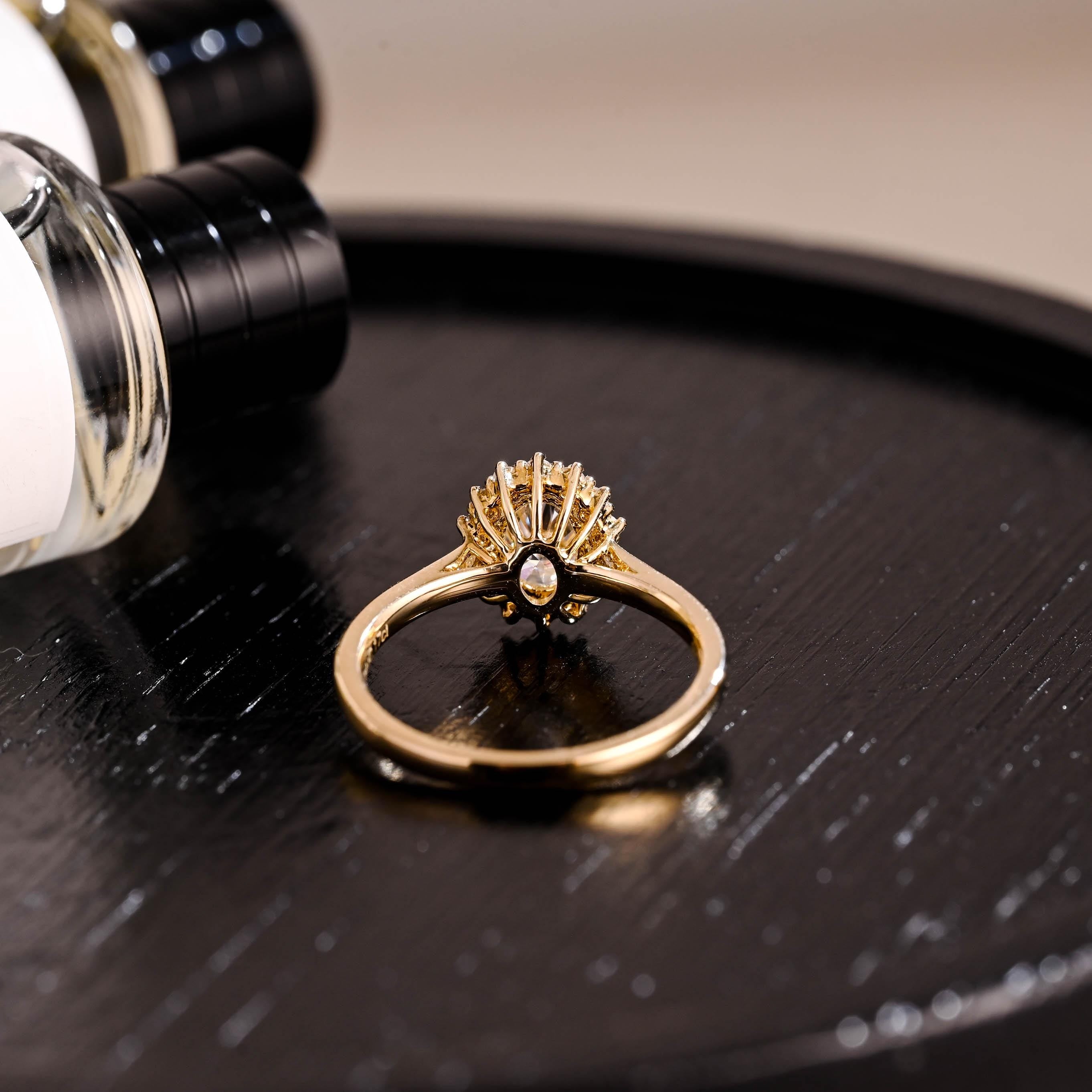 Solid Gold Starburst Oval Cut Moissanite Engagement Ring, Halo Wedding Ring