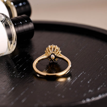 Solid Gold Starburst Oval Cut Moissanite Engagement Ring, Halo Wedding Ring