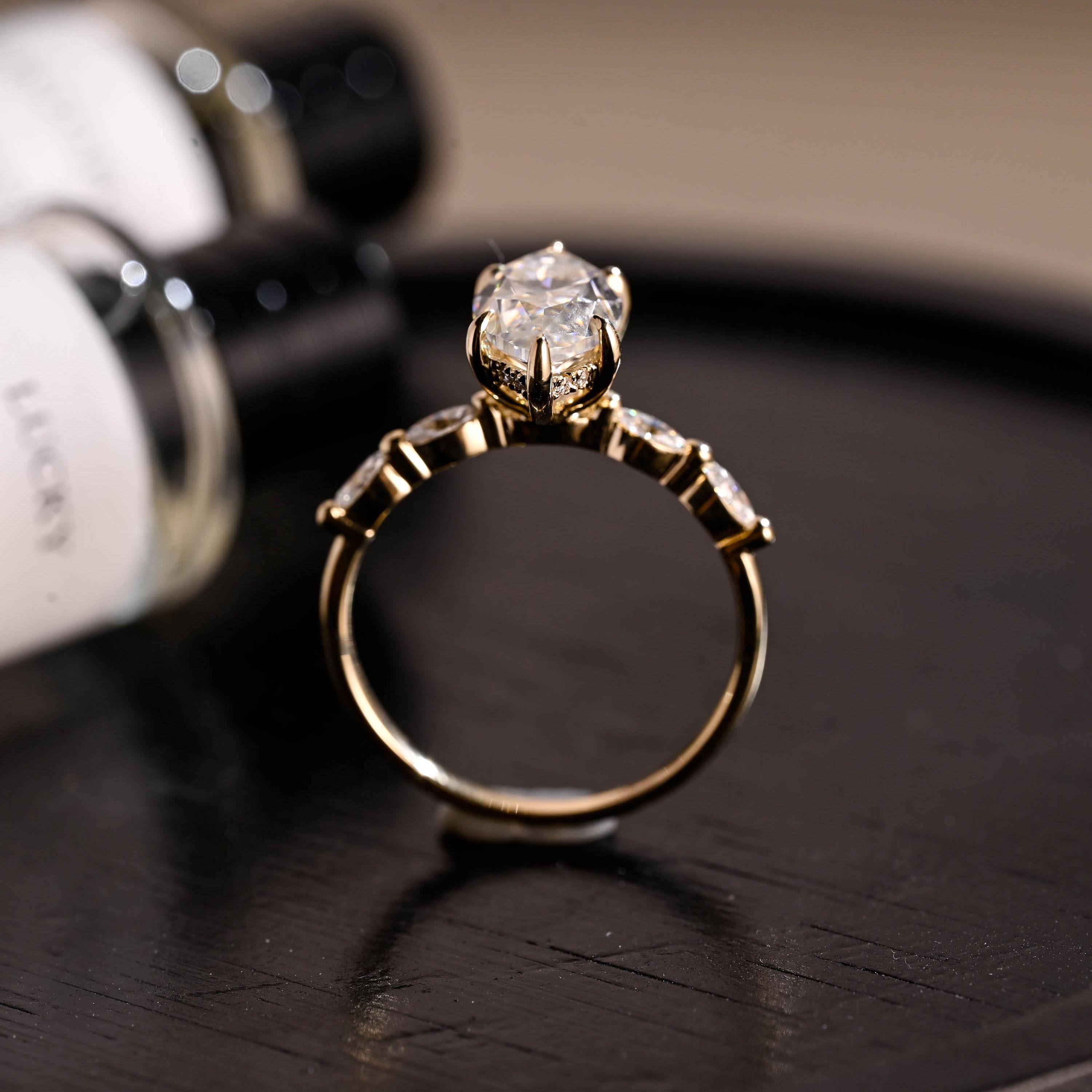Solid Gold Side Stone Marquise Cut Moissanite Engagement Ring, Hidden Halo Moissanite Wedding Ring