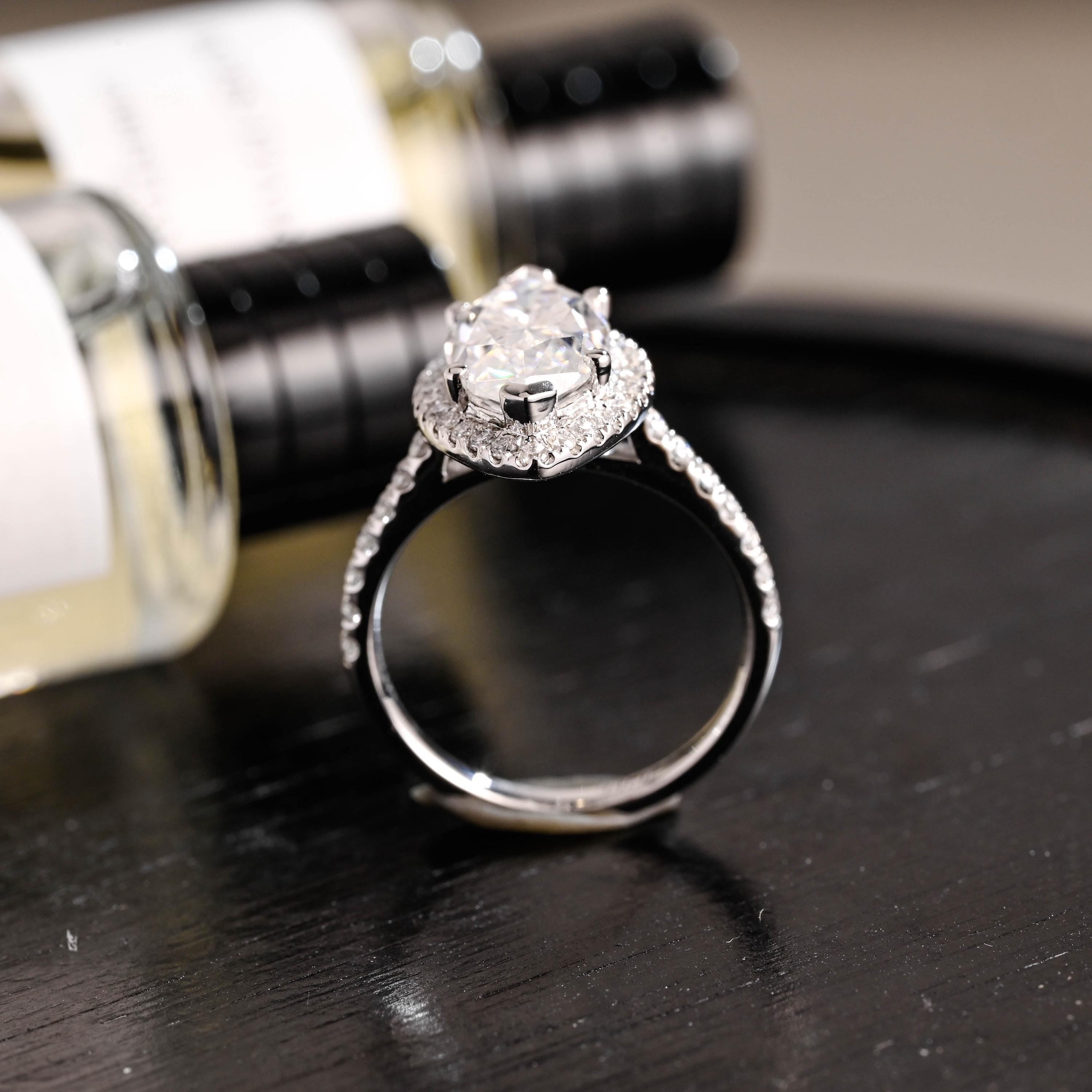 Solid Gold Halo Marquise Moissanite Engagement Ring, Round Cut Accent Stones