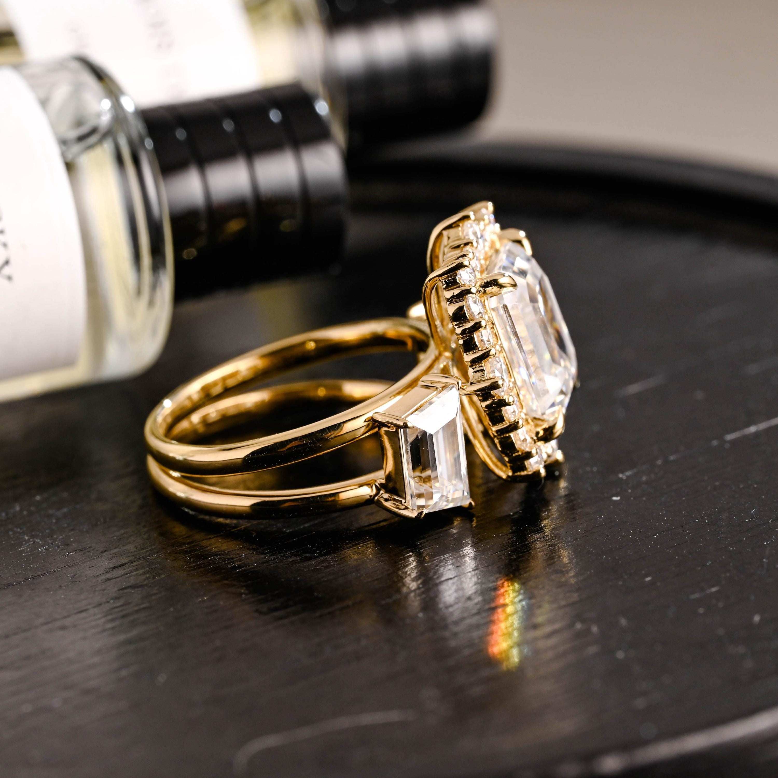 Solid Gold Emerald Cut Moissanite Engagement Ring Set, Bridal Set, Trapezoid Cut Wedding Band