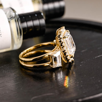 Solid Gold Emerald Cut Moissanite Engagement Ring Set, Bridal Set, Trapezoid Cut Wedding Band