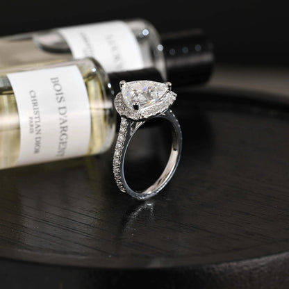 Trilliant Cut Moissanite Engagement Ring, Halo Pave Cathedral Trilliant Cut Wedding Ring
