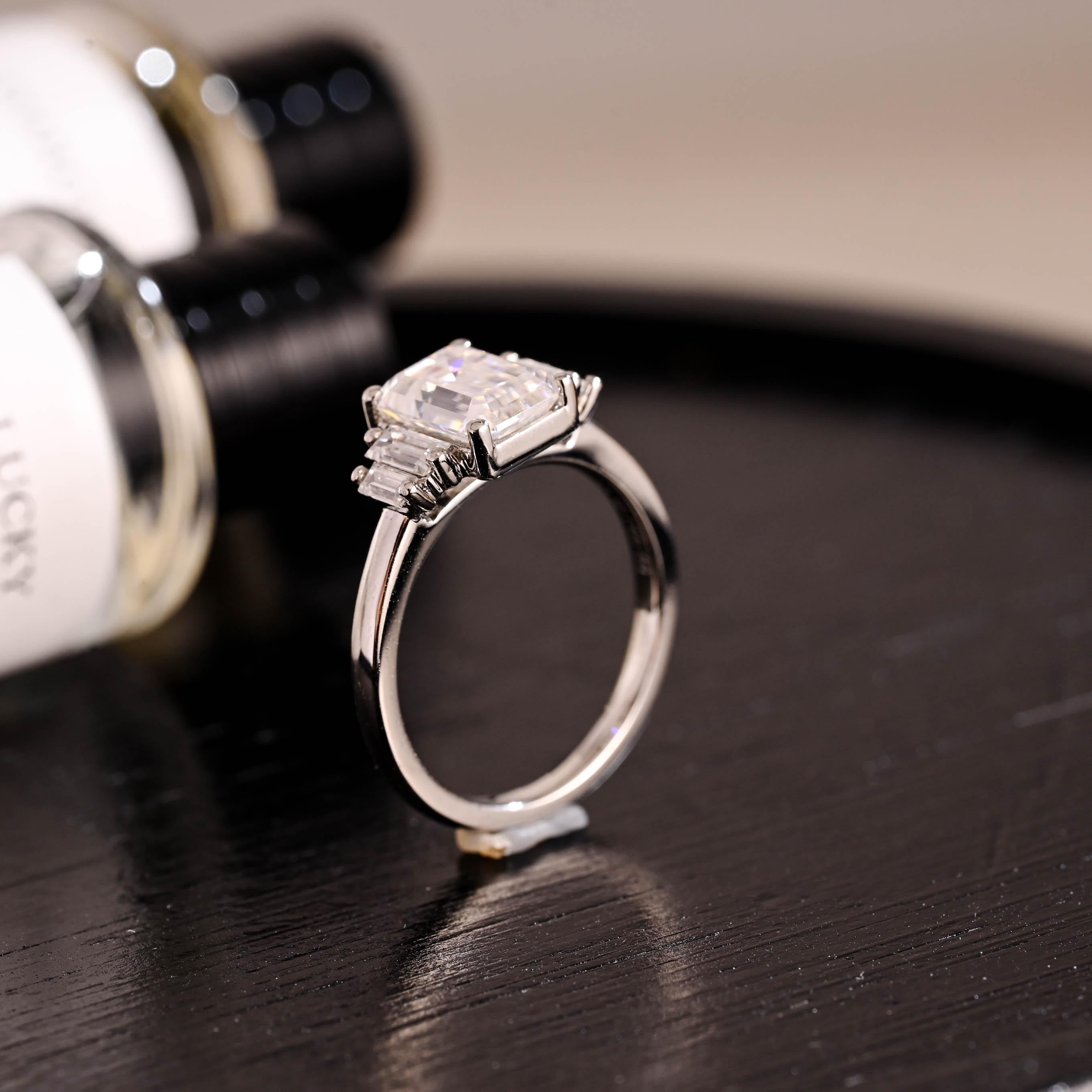 Side Stone Emerald Cut Moissanite Engagement Ring, Solid Gold Emerald Cut Moissanite Wedding Ring, Anniversary Ring, Moissanite Promise Ring