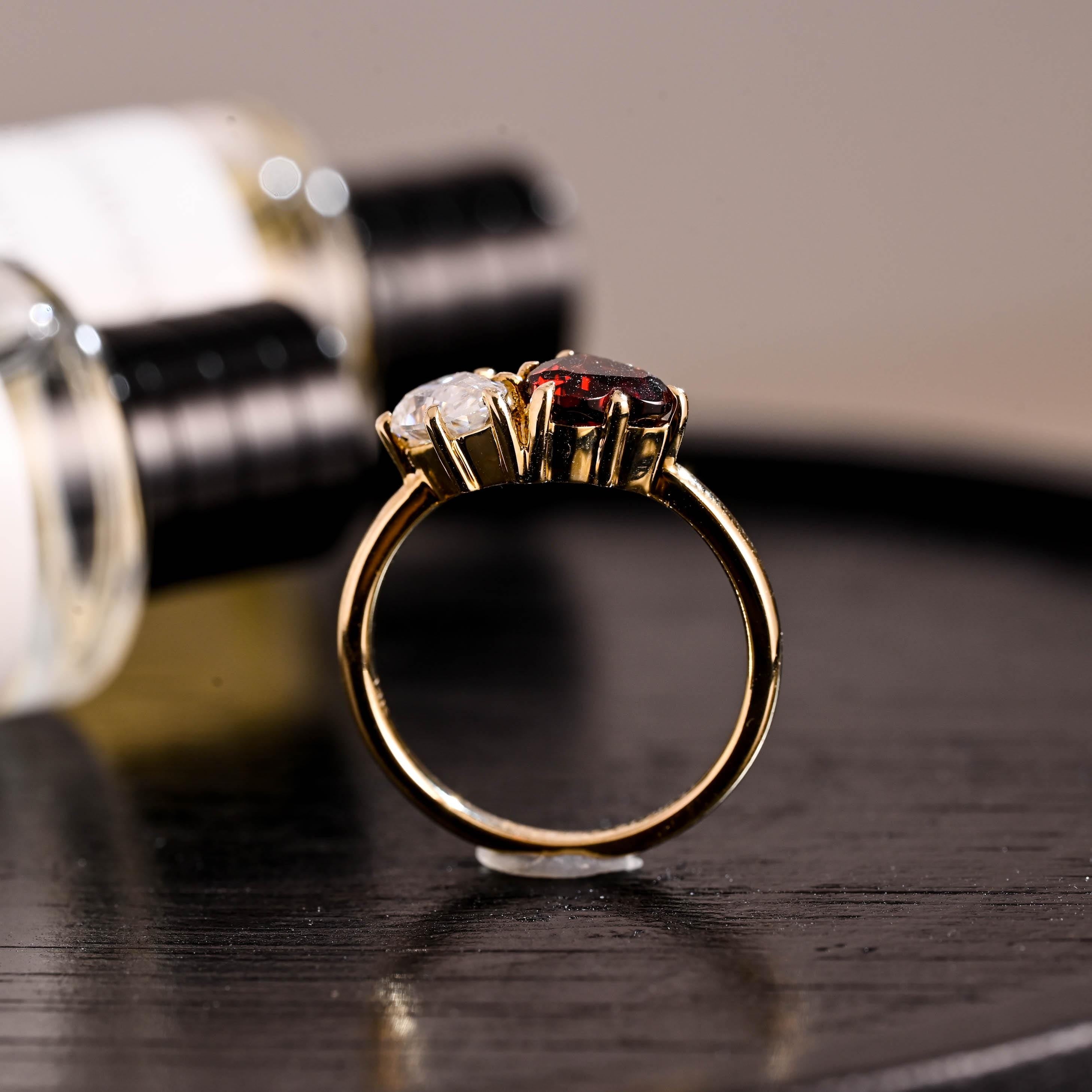 Toi et Moi Garnet Ring Pear Moissanite Engagement Ring, Solid Gold Heart Shaped Garnet Ring