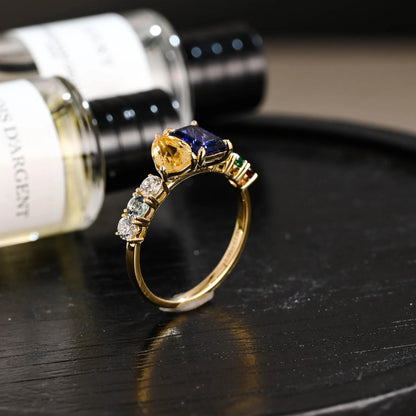 Solid Gold Toi et Moi Emerald Cut Lab Grown Sapphire & Pear Citrine Engagement Ring