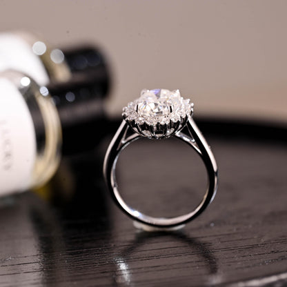 Solid Gold Starburst Oval Cut Moissanite Engagement Ring, Halo Wedding Ring