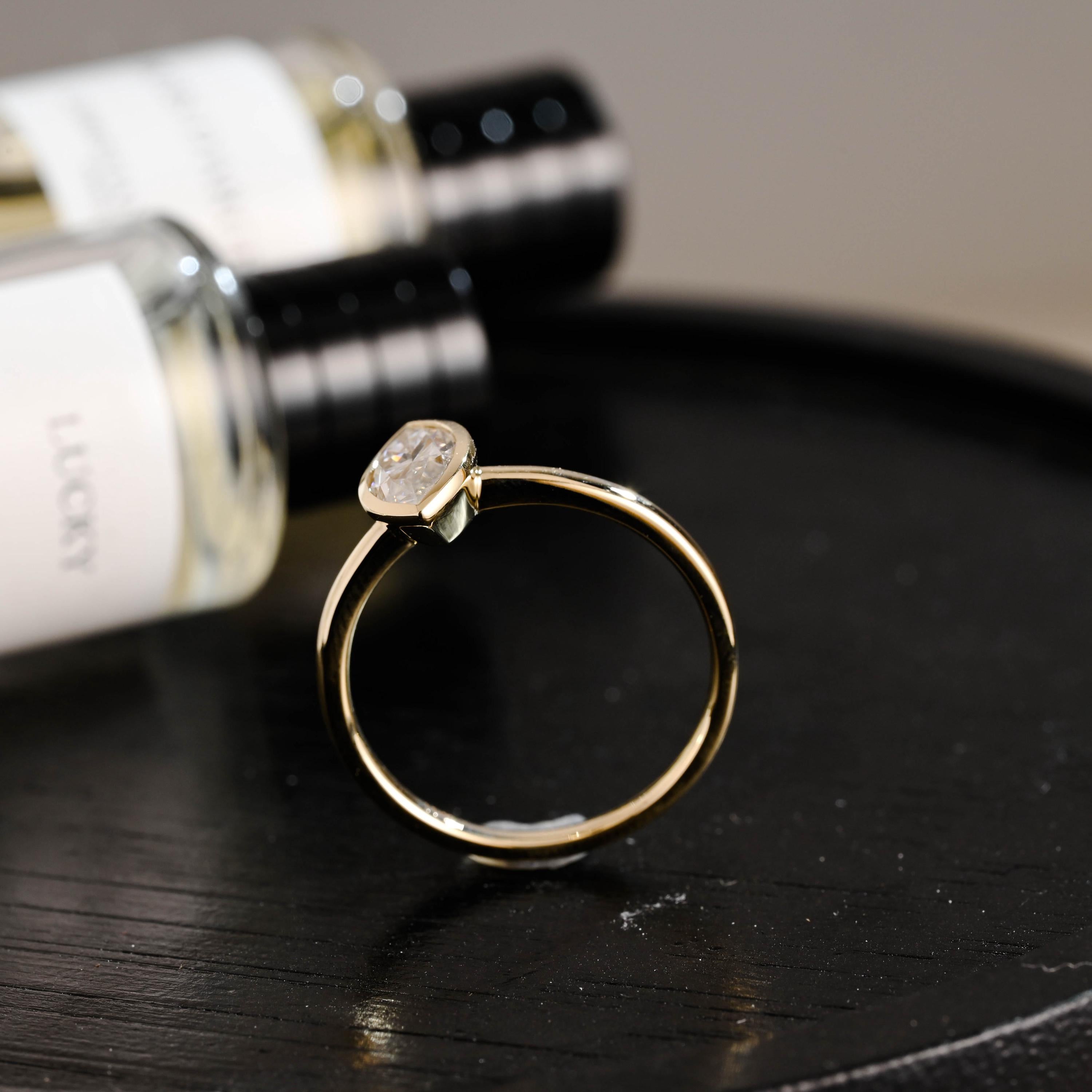 Solid Gold Marquise Cut Moissanite Engagement Ring, Solitaire Bezel Setting Ring