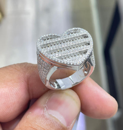Iced Out Heart Moissanite Pinky Ring - Sterling Silver Hip Hop Moissanite Ring