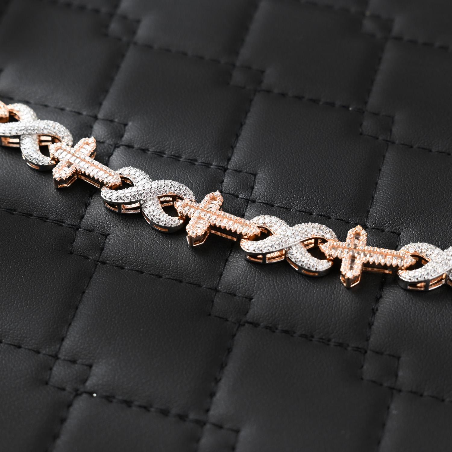 Moissanite Infinity Cross Bracelet: Two-Tone Rose Gold, 925 Sterling Silver