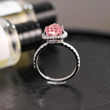 Solid Gold Heart Cut Pink Moissanite Engagement Ring, Hidden Halo Proposal Ring,Wedding Ring