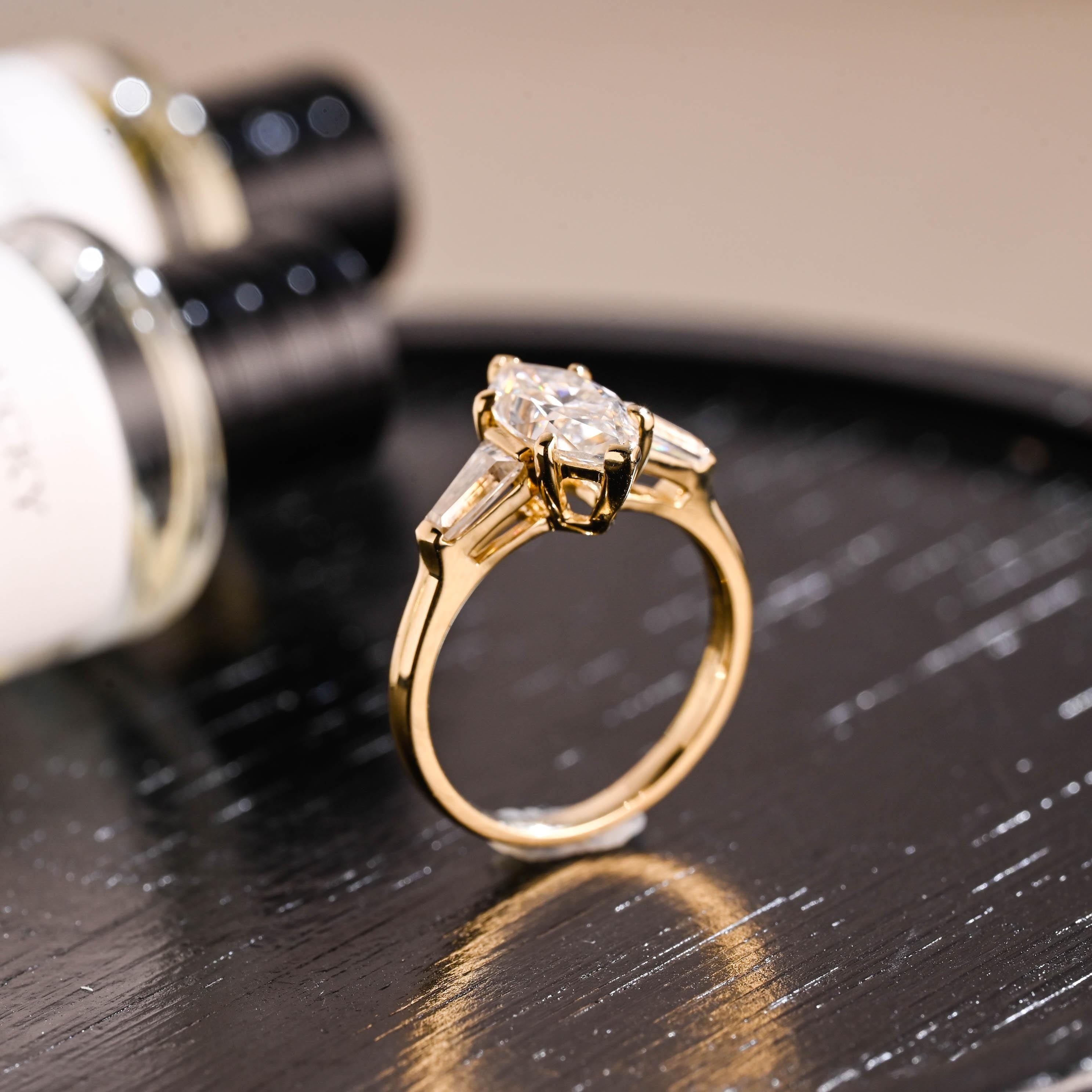 Solid Gold Marquise Moissanite Three Stone Engagement Ring, Anniversary Ring