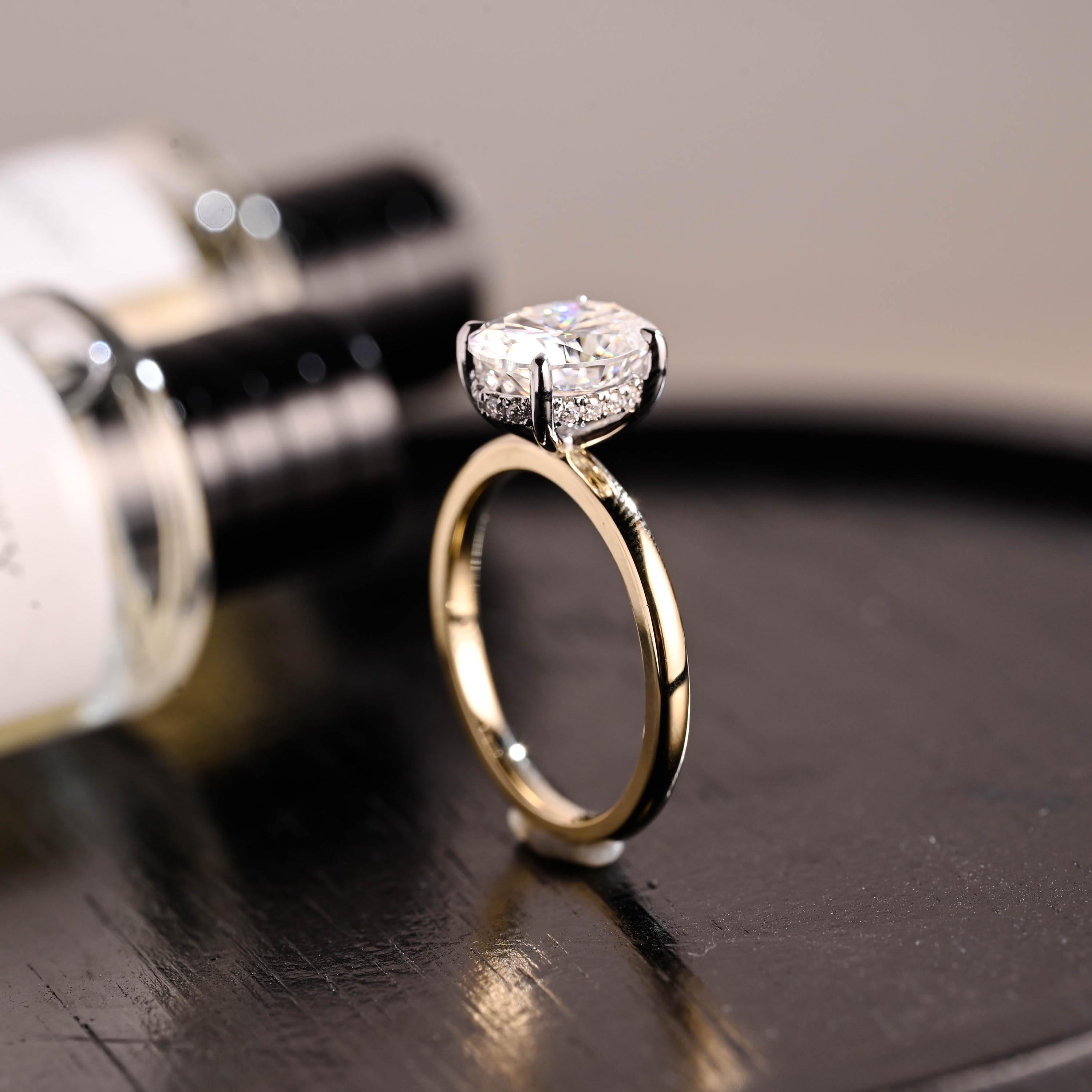 Solid Gold Two Tone Oval Cut Moissanite Engagement Ring, Hidden Halo Wedding Ring