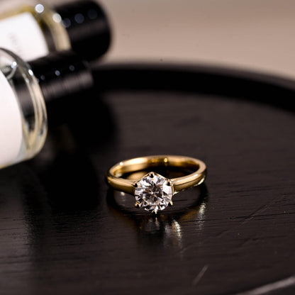 Solid Gold Round Cut Moissanite Engagement Ring, Floral Cathedral Setting Moissanite Anniversary Ring