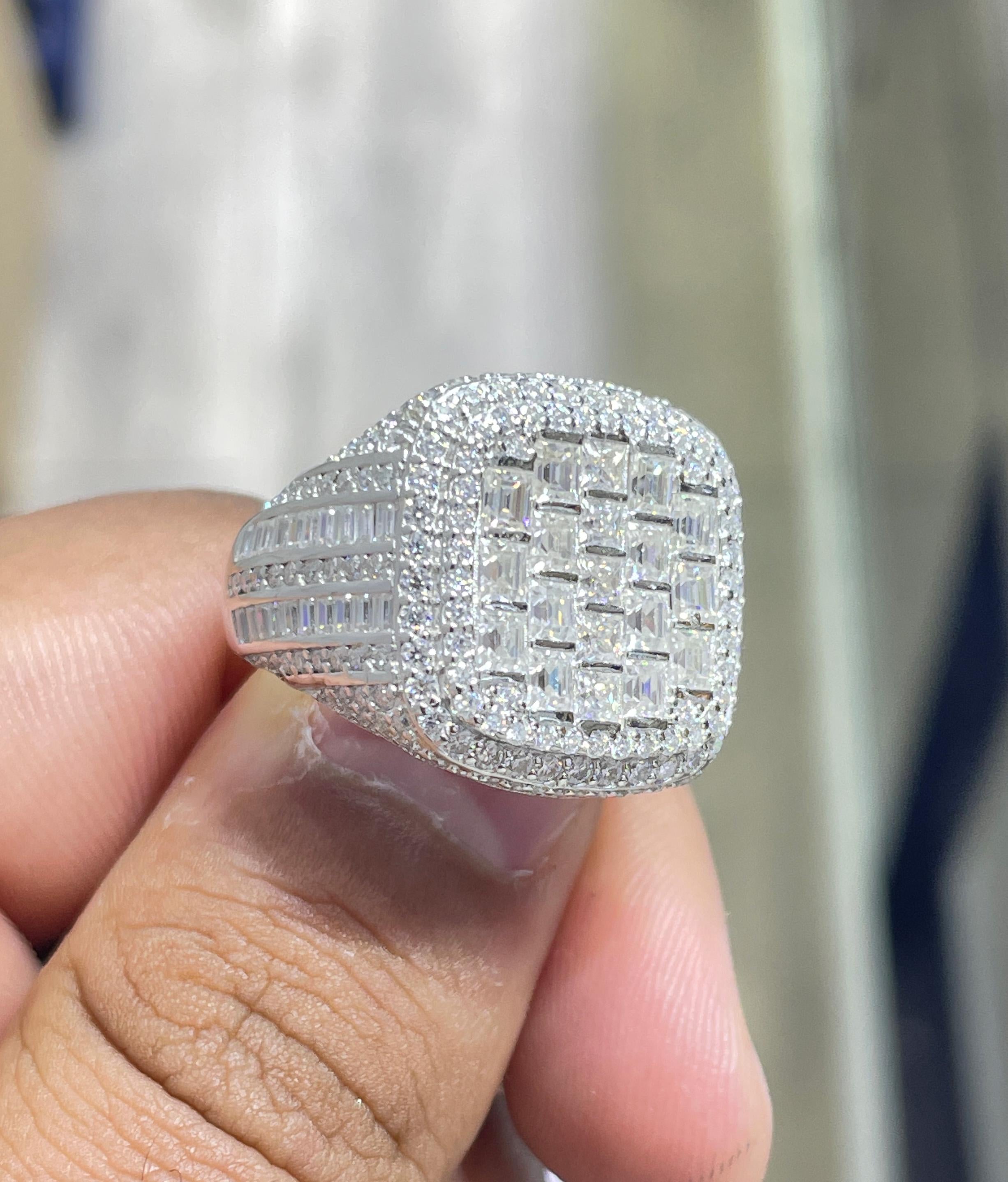 Iced Out Baguette Moissanite Ring: 925 Sterling Silver Hip Hop Jewelry