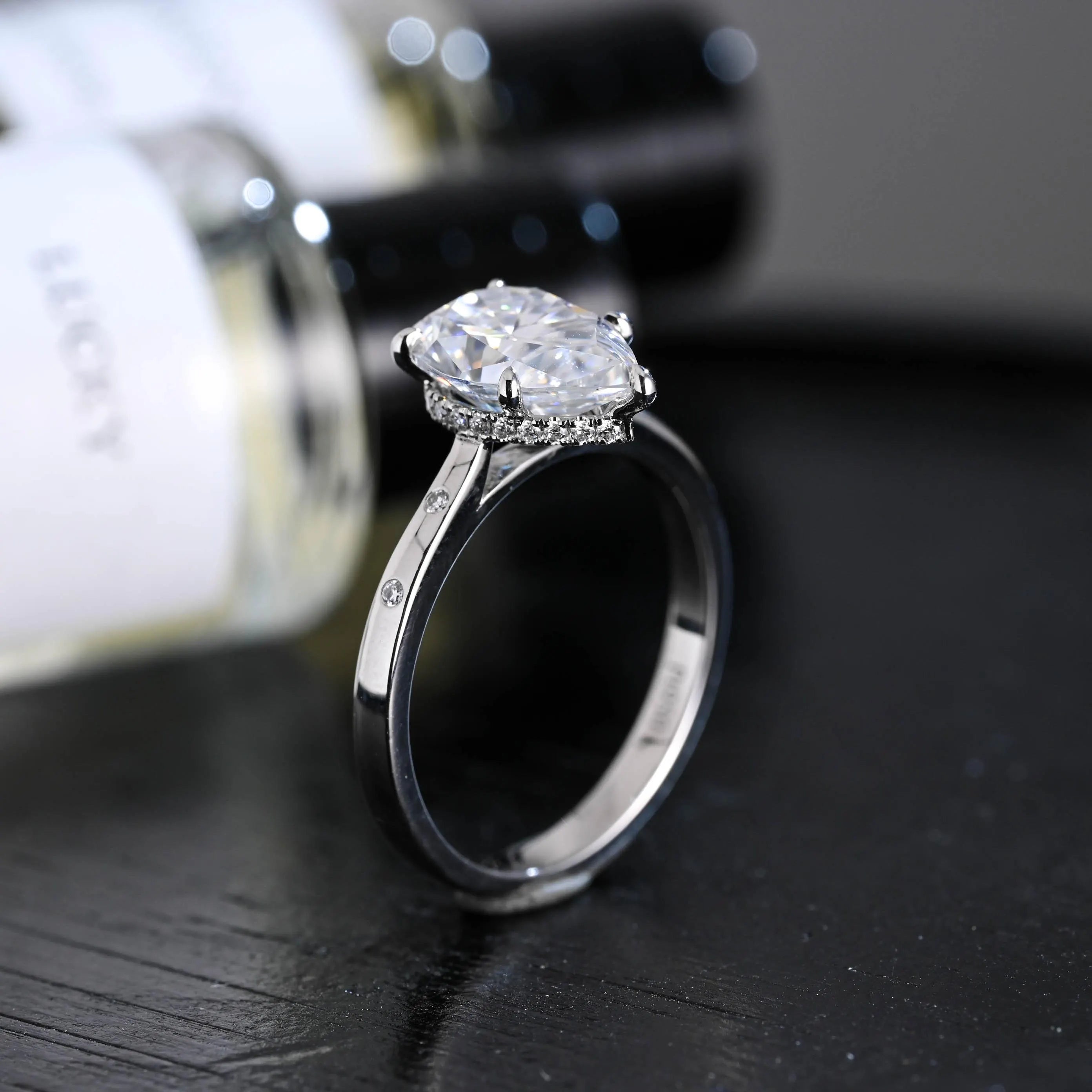 Solid Gold Hidden Halo Pear Moissanite Engagement Ring, Anniversary Gift Birthday Gift for Women