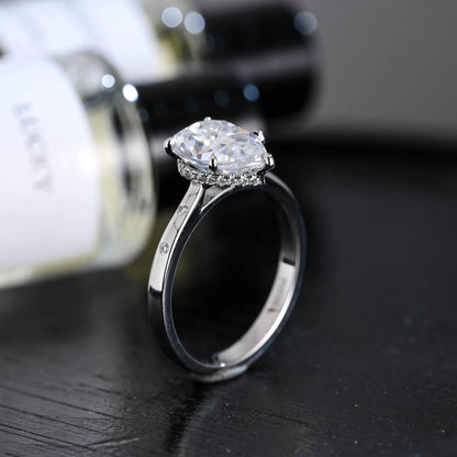 Solid Gold Hidden Halo Pear Moissanite Engagement Ring, Anniversary Gift Birthday Gift for Women