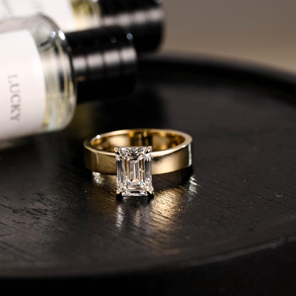 Solid Gold Emerald Cut Moissanite Engagement Ring, 4mm Wide Band Solitaire Ring, Gift for Her