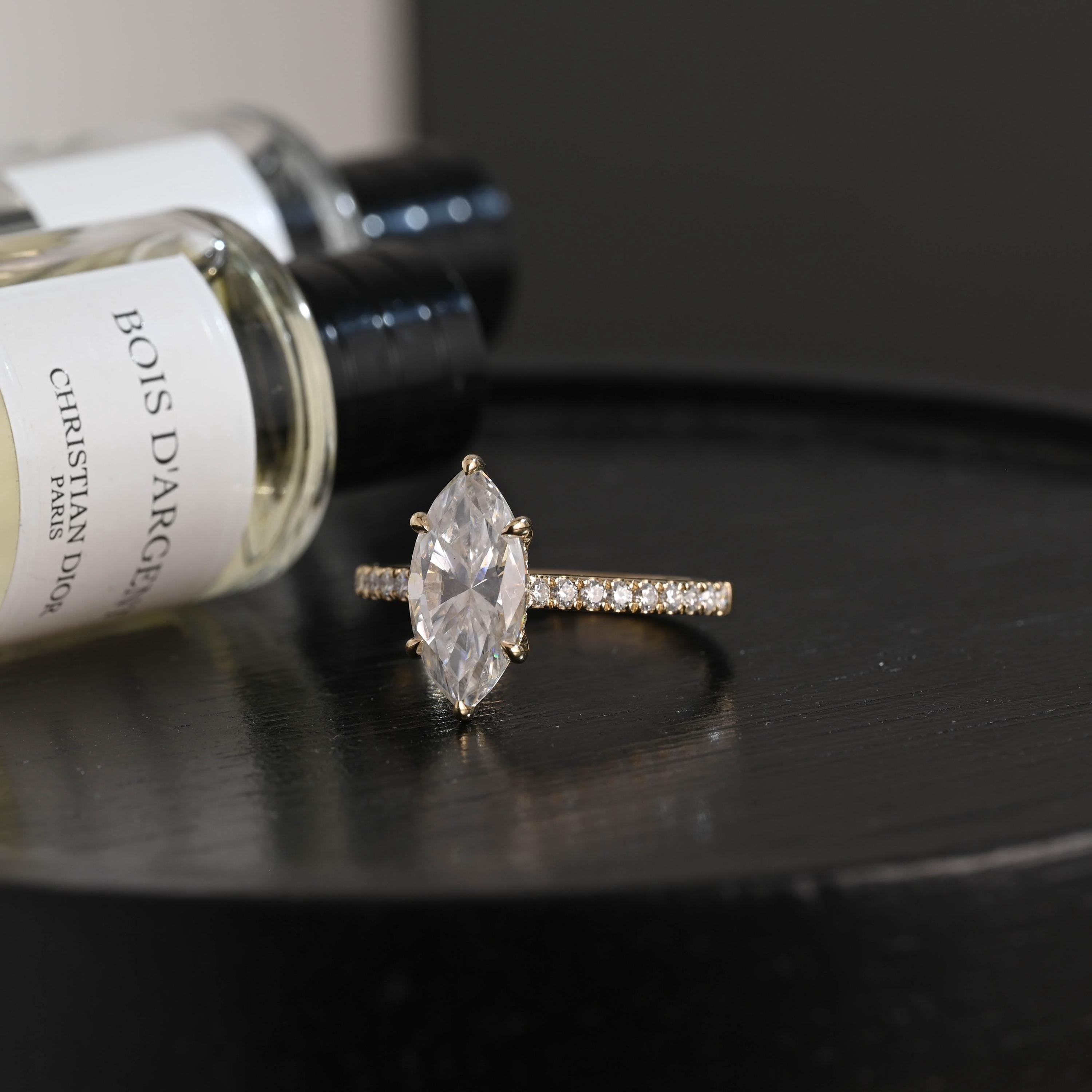 Solid Gold Marquise Cut Moissanite Engagement Ring, Pave Hidden Halo Wedding Ring