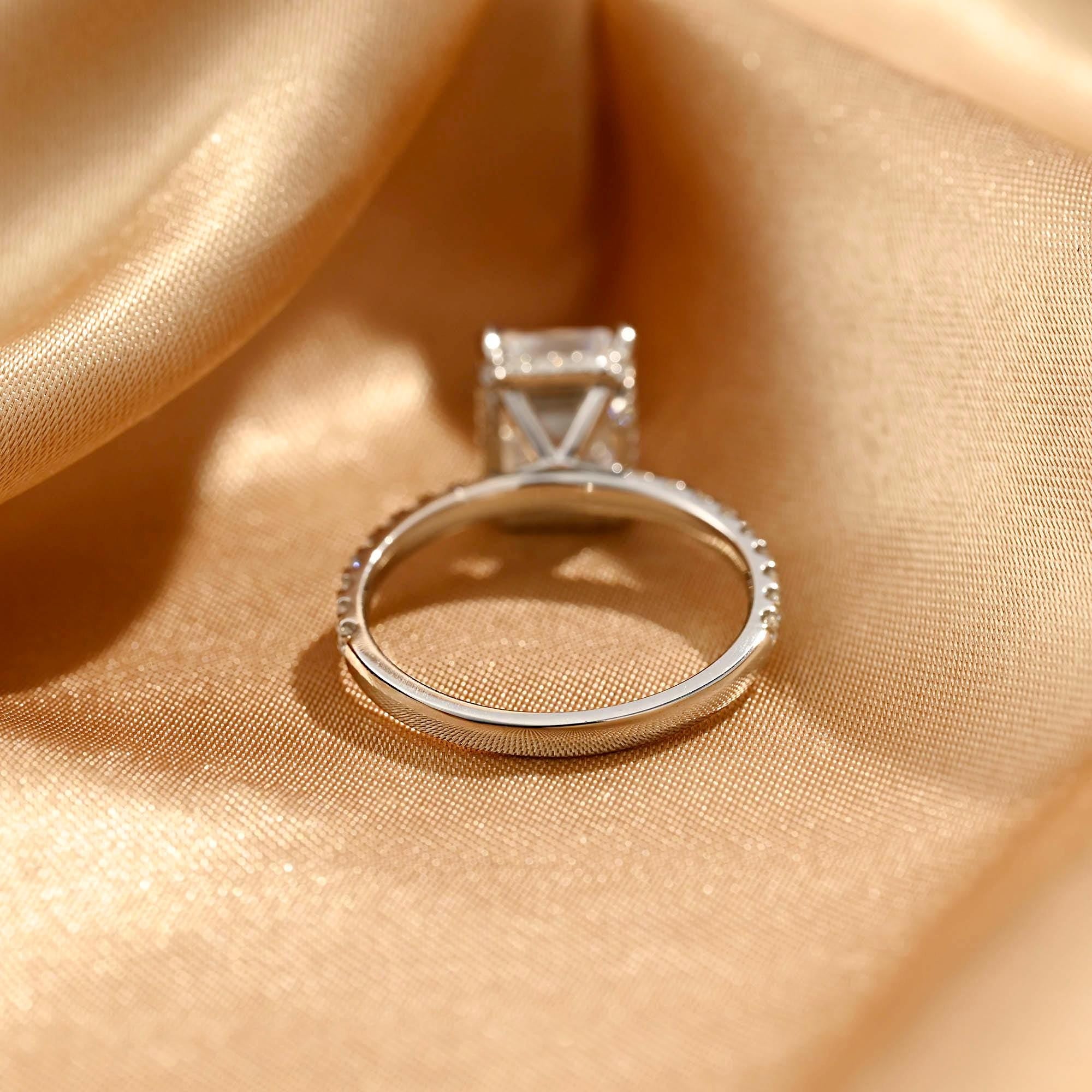 Half Eternity Emerald Cut Moissanite Engagement Ring, Solid Gold Hidden Halo Pave Emerald Cut Moissanite Wedding Ring, Anniversary Ring