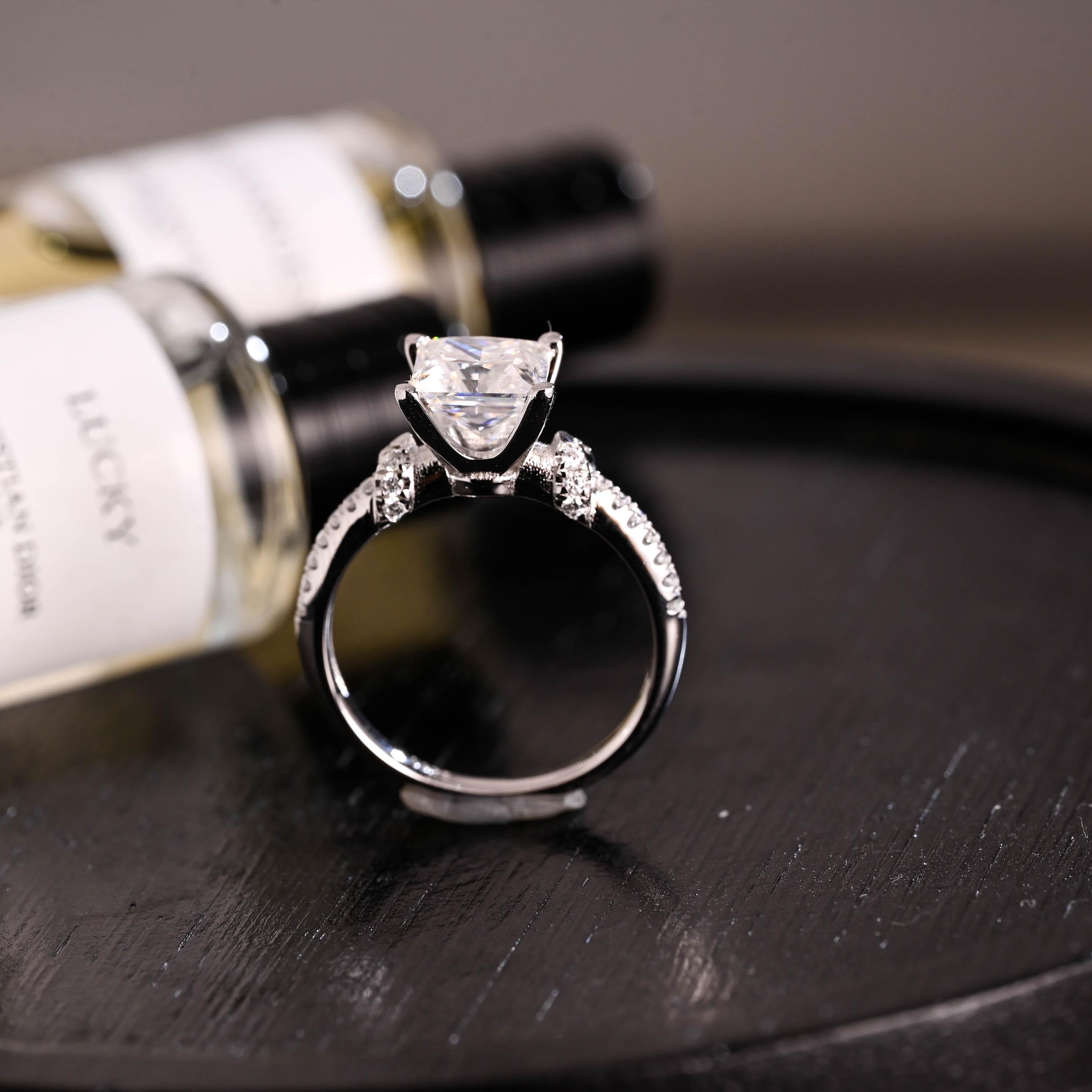Solid Gold Princess Cut Moissanite Engagement Ring, Anniversary Gift Birthday Gift for Women Wife