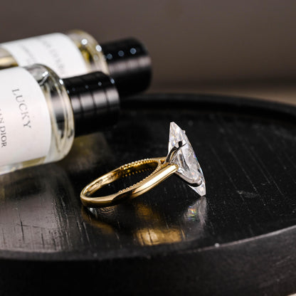 Beaded Marquise Moissanite Solid Gold Engagement Ring, Vintage Style Ring